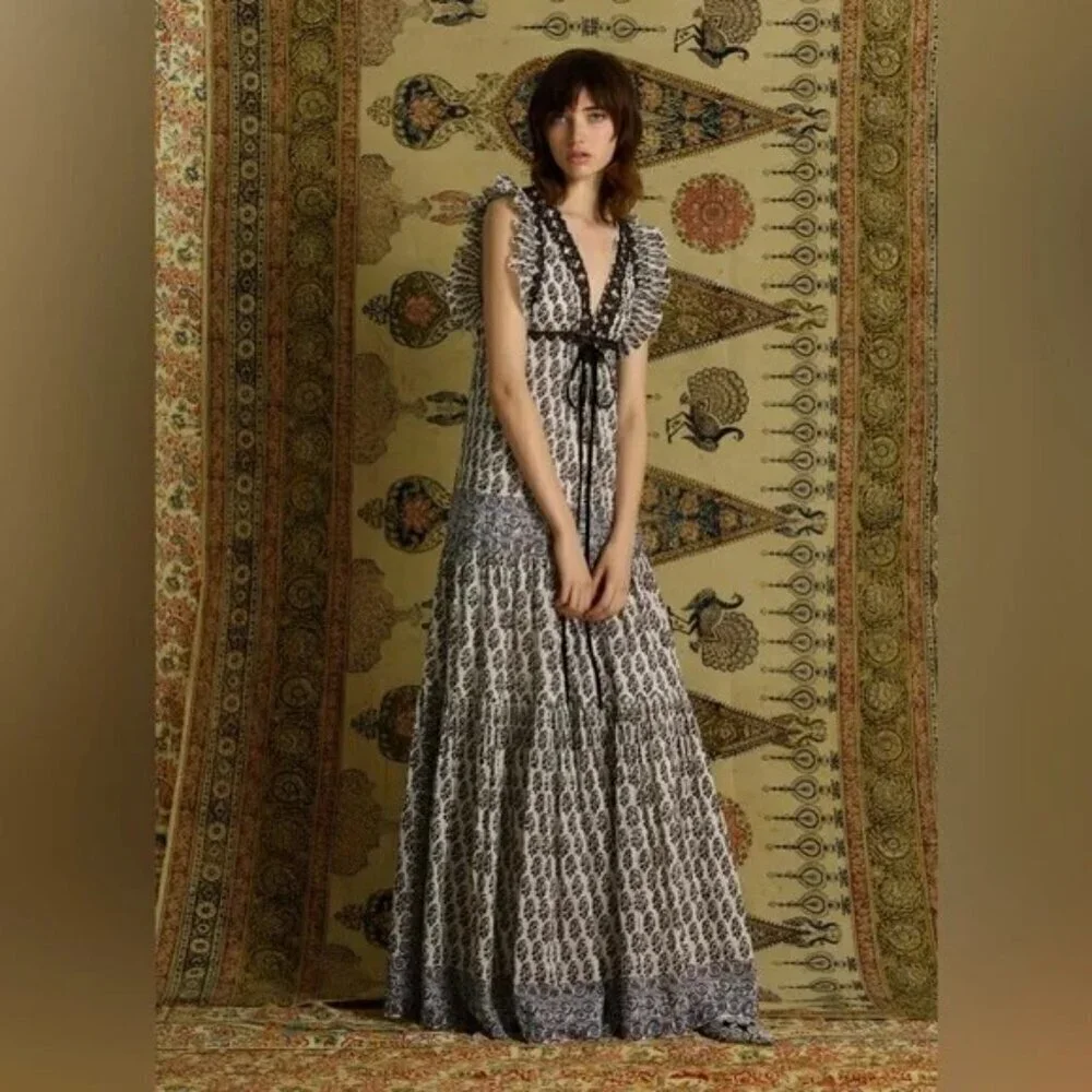 💕TORY BURCH Amita Appliquéd Printed Cotton Maxi Dress Ivory Guru Border Print 0